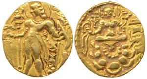 Guptas, Chandragupta II, Gold Dinar, 8.04 g, Archer type, king, standing left, holding arr