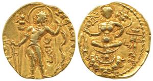 Guptas, Chandragupta II, Gold Dinar, 8.01 g, Archer type, king standing left, holding arro