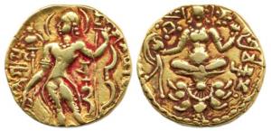 Guptas, Chandragupta II, Gold Dinar, Archer type, nimbate king, standing left, holding arr