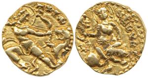 Guptas, Kumaragupta I, Gold Dinar, Lion-Slayer type, king slaying a lion with a bow and ar