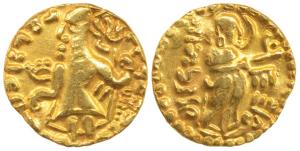 Vira Jadamarah, (300-400 AD). Gold Dinar, 6.54g., king standing facing left on obv., Godde
