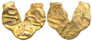 Shilaharas of Kolhapur Gold U-shaped Fanam, 0.52 g. Valve Hoard type, three punches, two w