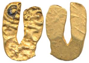 Shilaharas of Kolhapur Gold U-shaped Fanam, 0.52 g, Valve Hoard type, three punches, two w