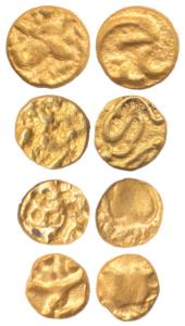 Shilaharas, Gold ¼ Fanam (4), 0.11 g. each, Garuda on obv., Kannada character on rev. Very