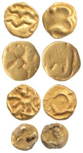 Shilaharas, Gold (4), 0.11 g (3) and 0.04 g. ¼ Fanam (3) and 1/8 Fanam, Garuda on obv, Kan