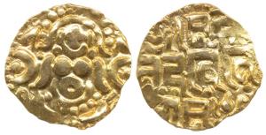 Muhammad bin Sam, Gold Dinar, Lakshmi type, goddess Lakshmi seated on obv., Nagari legend 