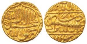 Akbar, Gold Mohur, Agra Dar ul Khilafat Mint, AH 983, mint name at bottom on rev., Kalima 