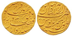 Farrukhsiyar, Gold Mohur, Shahjahanabad Mint, AH 1129/6 (KM 390.30). Broad Nazarana-like f