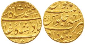 Muhammad Shah, Gold Mohur, Khujista Bunyad Mint, AH 113x/4, mint name at bottom on rev. (K