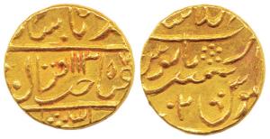 Lashkar Mint, Gold, 10.9 g, Mohur, in the name of Muhammad Shah, Sahib-i-qiran type, Shahj