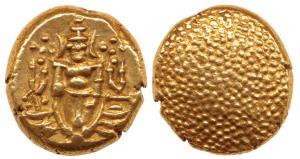 Negapatnam Gold Pagoda, Lazy J with Lord Vishnu standing, facing front on obv., granulated