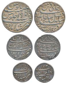 Silver Rupee, ½ Rupee and ¼ Rupee, Murshidabad Mint, set of 3, oblique milling. Very Fine.