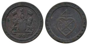 Copper 1/96 Rupee, 1797, obv. United East India Company written under coat of arms, with b