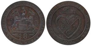 Proof, Dub or 1/48-Rupee, 1794, Soho Mint, UNITED EAST INDIA COMPANY written under coat of