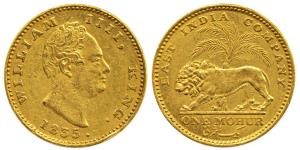 William IV, Gold Mohur, 11.68 g, 1835, bust of the ruler to right, R. S. incused on trunca