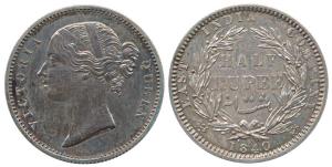 Victoria Queen, Proof Silver ½ Rupee, Divided Legend, 1840. Proof Restrike, Very Rare.
