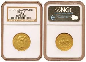 Victoria Queen, Gold Mohur, Continuous legend, 1841, Calcutta Mint (KM 461.2). Slabbed in 