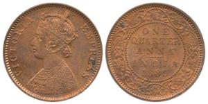 Victoria Empress, Copper ¼ Anna, 1880. Uncirculated, nice lusture, Rare date.