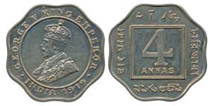 George V, Proof Nickel 4 Annas, 1919. Calcutta Mint. Proof Restrike, Scarce.