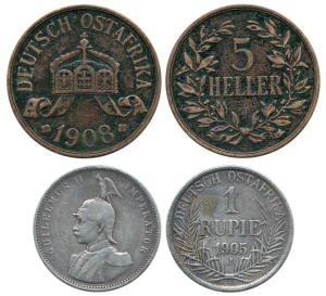 German East Africa, Silver Rupie, 1905 & Copper 5 Heller 1908. Very Fine, Scarce.
