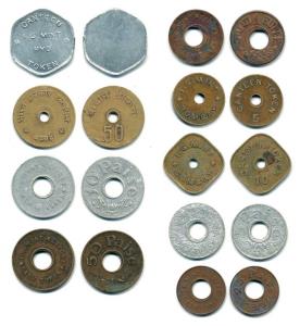 Canteen Tokens (9) of Bombay Mint, Calcutta Mint and Hyderabad Mint, different denominatio