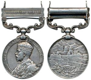 India General Service, Silver Medal of George V, Waziristan 1919-21 bar, awarded to Sergea