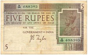 George V, Rupees 5, 1st issue, 1925, signed J. B. Taylor, (Jhun #4.2). Very Fine.