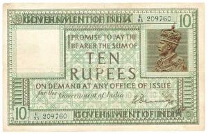 George V, Rupees 10, 1st issue, 1925, signed H. Denning, (Jhun #6B.1) prefix ’E’ not recor