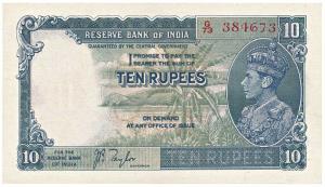 George VI, Rupees 10, 1st issue, 1938, signed J. B. Taylor, (Jhun #5.1). Uncirculated.