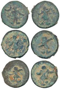 Puri Kushan, Copper (3), a man standing facing right with left hand raised to front, a cre