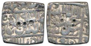 Akbar, Silver Square Rupee, Lahore Mint, Kalima type, AH 987. Good.