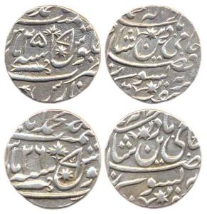 Silver Rupee (2), Muhammadabad and Banaras Mints, in the name of Shah Alam II, RY 25 and 2