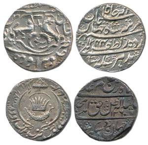 Silver Rupee (2), in the name of Nasir-al-din-Haidar AH 1244 and Amjad Ali Shah AH 1260, L