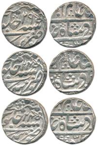 Silver Rupee (3), in the name of Shah Alam II, RY 24 and 29, complete mint name at bottom.