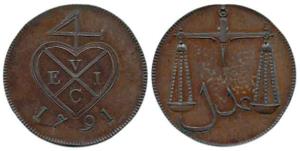 Proof Copper, Pice or 4 Reas, 1791, bale mark on obv., scales on rev. Extremely Fine, Proo