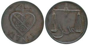 Proof Copper, 11/2 Pice or 6 Reas, 1791, bale mark on obv., scales on rev. Extremely Fine,