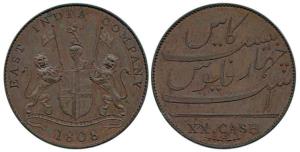 Proof Copper, XX Cash, 1808, Company Arms on obv., Persian and English legends on rev. (KM