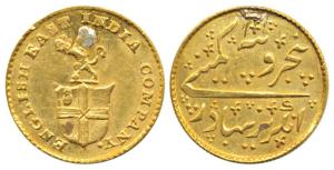 Gold Rupees 5 (1/3 Mohur), ND, issue of 1820 (KM# 422). Ex-mount, Fine+.