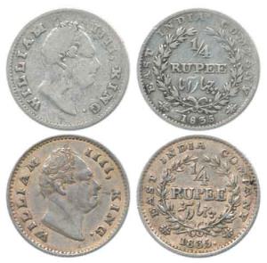 William IV, Silver ¼ Rupee (2), 1835, Calcutta Mint, obv. R.S. Incuse, rev. 20 Berries. Wr