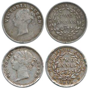 Victoria Queen, Silver 2 Annas (2), Continuous legend and Divided legend, 1841. Fine to Ve
