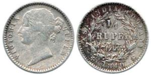 Victoria Queen, Silver ¼ Rupee, Divided legend, 1840, obv. W.W. raised, rev. 10 Berries. F