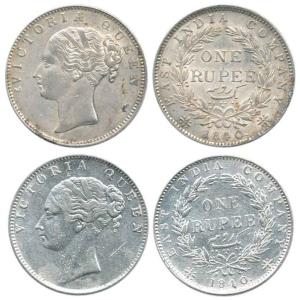Victoria Queen, Silver Rupee (2), Continuous legend, 1840, 19 Berries and 35 Berries, Calc