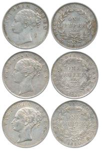 Victoria Queen, Silver Rupee (3), Continuous legend, 1840, 19 Berries (2), 35 Berries (1).