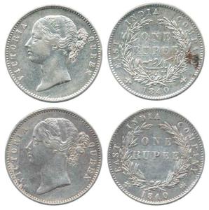 Victoria Queen, Silver Rupee (2), Divided legend, 1840, first without Urdu lettering, Seco