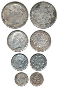 Victoria Queen, Silver (4), Set of 4: Rupee, ½ Rupee, ¼ Rupee, 2 Annas, 1840 and 1841. Ver