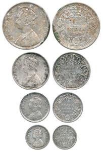 Victoria Queen, Silver (4), Set of 4: Rupee, ½ Rupee, ¼ Rupee and 2 Annas, 1862. About Ver