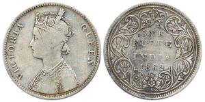 Victoria Queen, Silver Rupee, 1862, obv A, rev II, top no dot, bottom 9 dots. Fine.