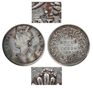 Victoria Queen, Silver Rupee, 1862, Bombay Mint, top 1 dot, bottom 9 dots. About Very Fine