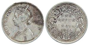 Victoria Queen, Silver Rupee, 1862, obv. A, rev. II, top 2 dots, bottom 4 dots. Fine.