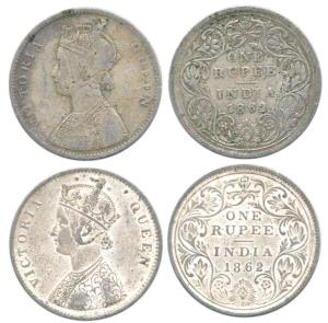 Victoria Queen, Silver Rupee (2), 1862, Calcutta Mint, obv. A with Crescent, rev. II with 